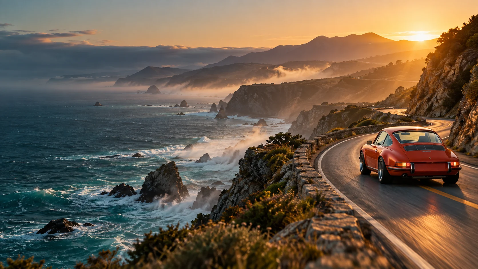 An orange sports car on a sweeping coastal road at dawn